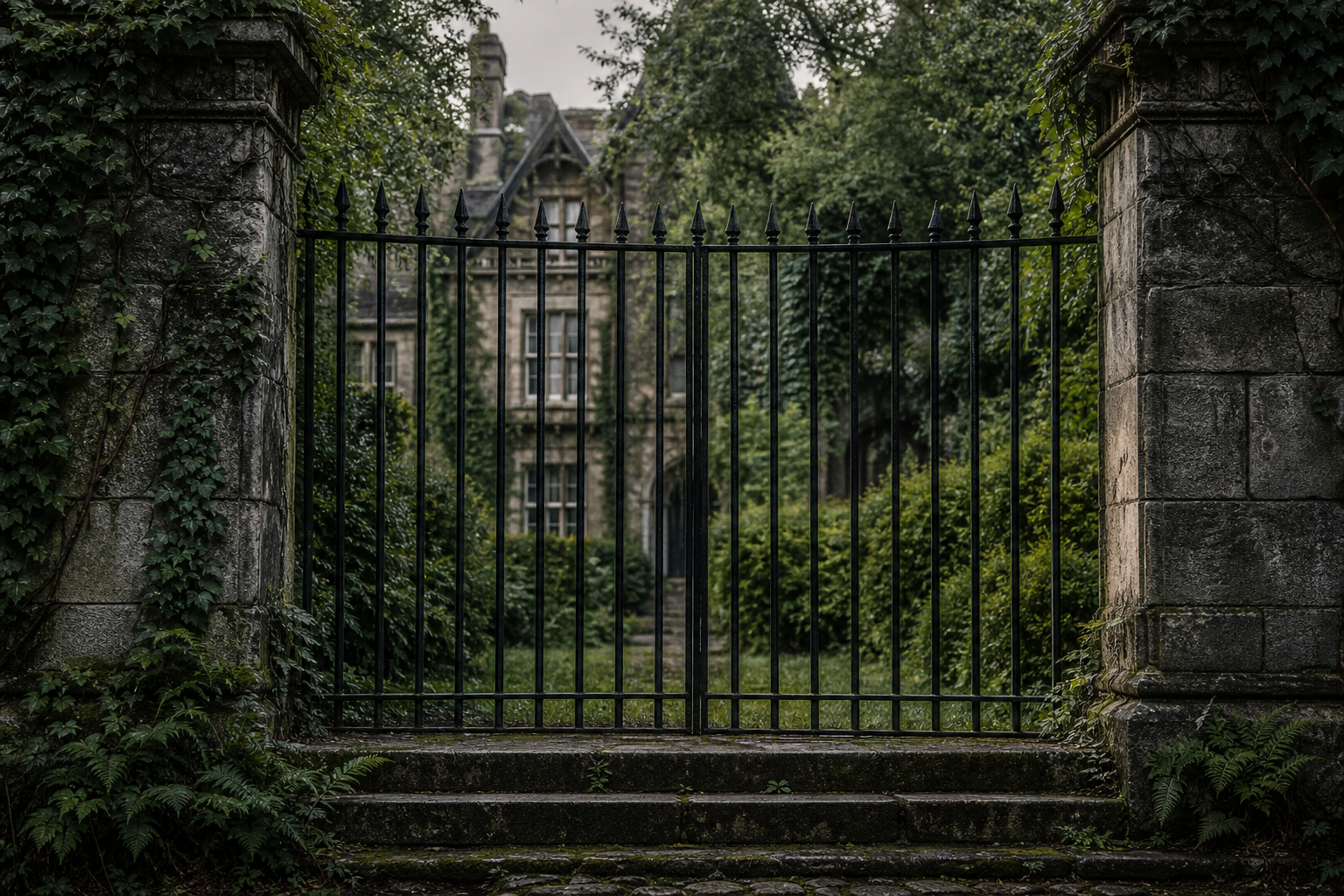Black iron gate set in stone wall before an old mansion overgrown with vines